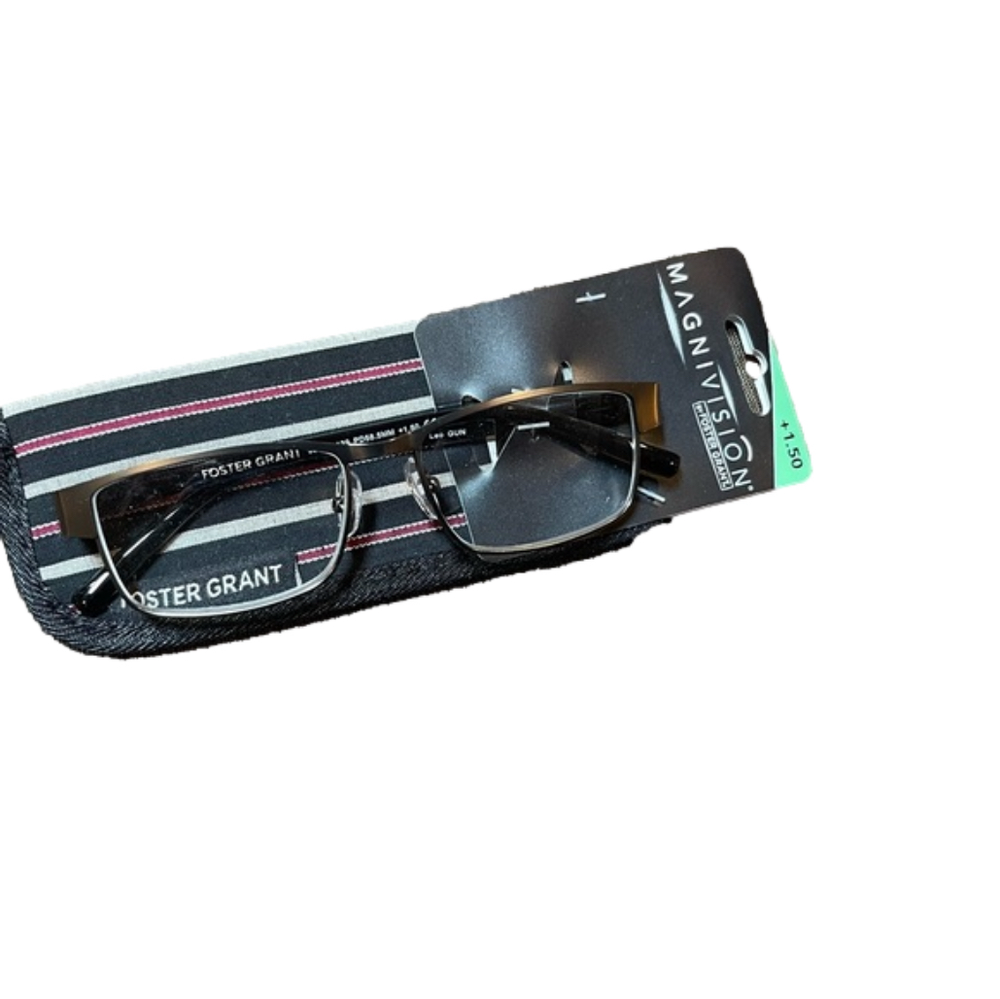 FOSTER GRANT MAGNIVISION metal frame reading glasses w/pouch. NEW. +1.50